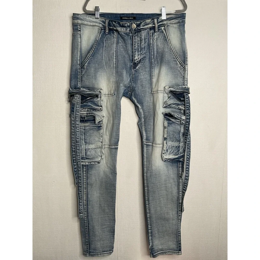 Embellish Biker Jeans Cargo Pockets Mens Size 38 Moto Hawk Cargo Stone‎ Wash